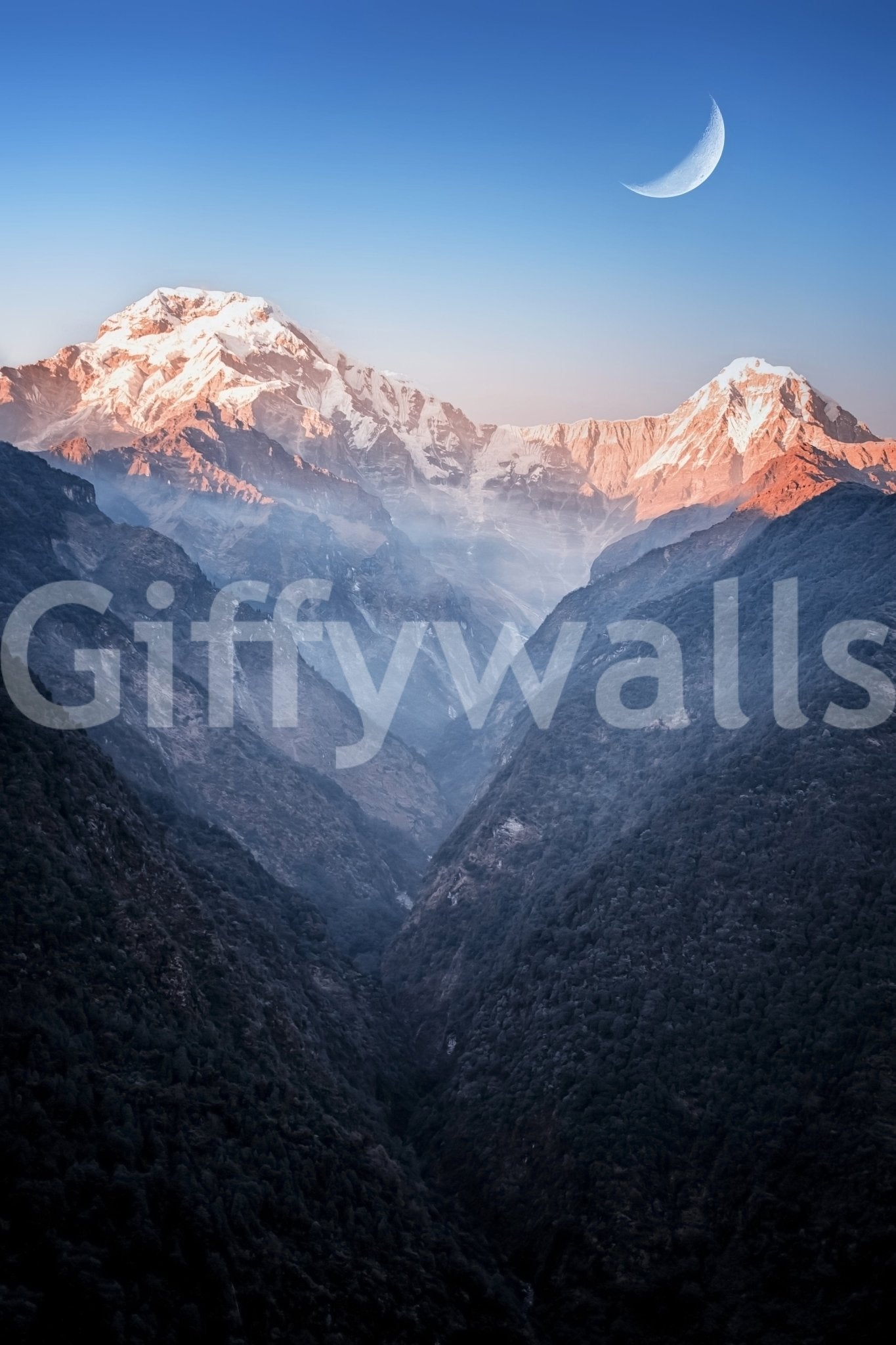 Mystic Peaks at Dusk Wall Mural with moonlit summits above a shadowed mountain valley