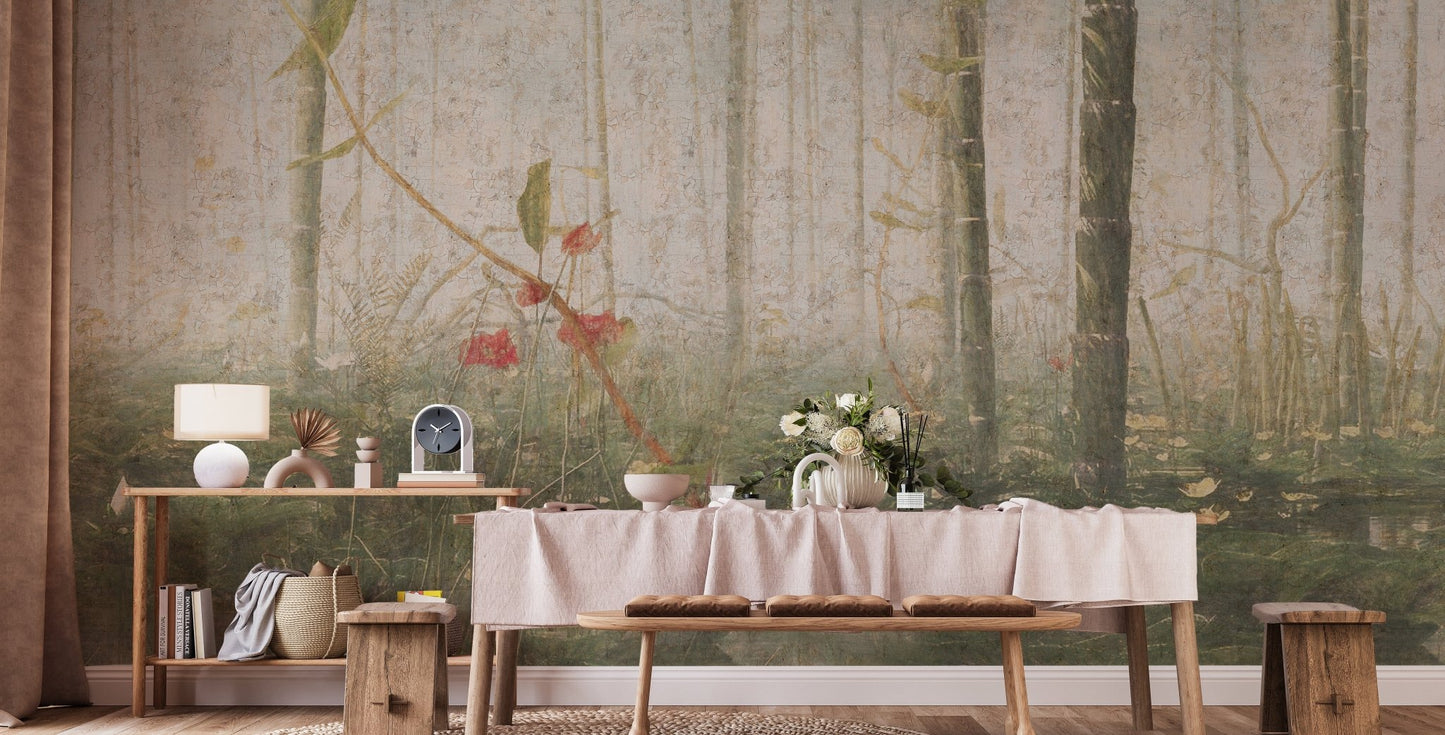 Gentle foggy forest wallpaper mural elegance