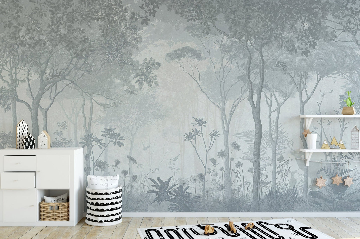 Minimalist foggy forest wall mural design