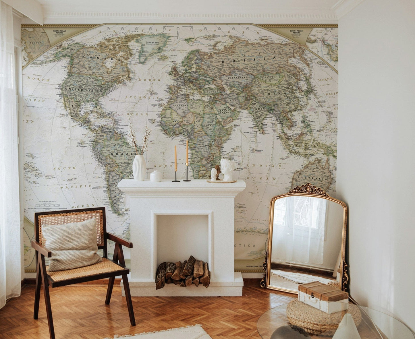 Large-scale world map wall covering