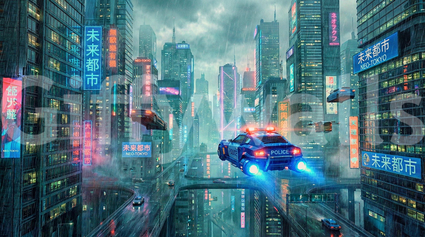 Neo-Tokyo Nights Wall Mural mural behind a sofa in a stylish home setting.