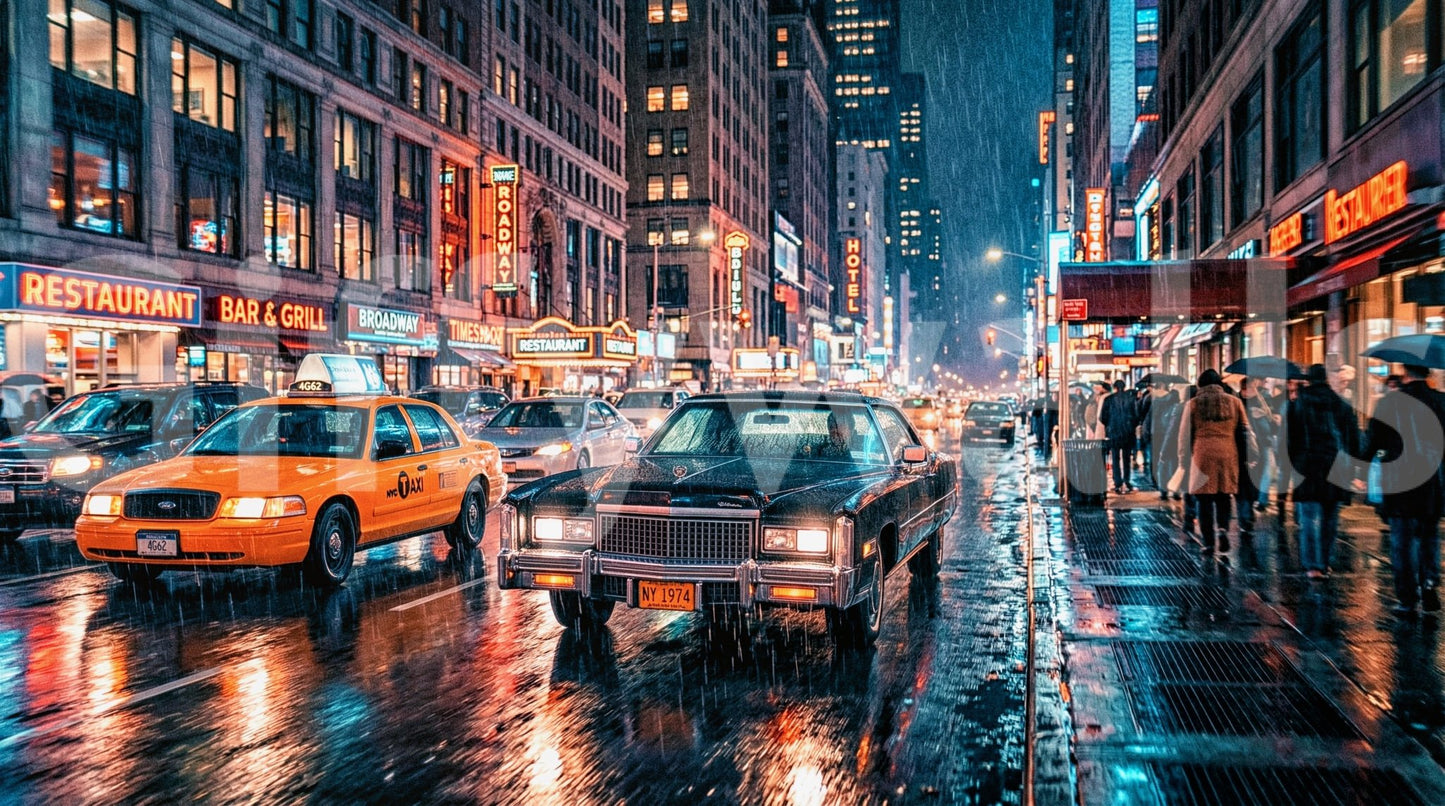 NYC Neon wall mural with wet pavement shine and bustling evening street, GD9054
