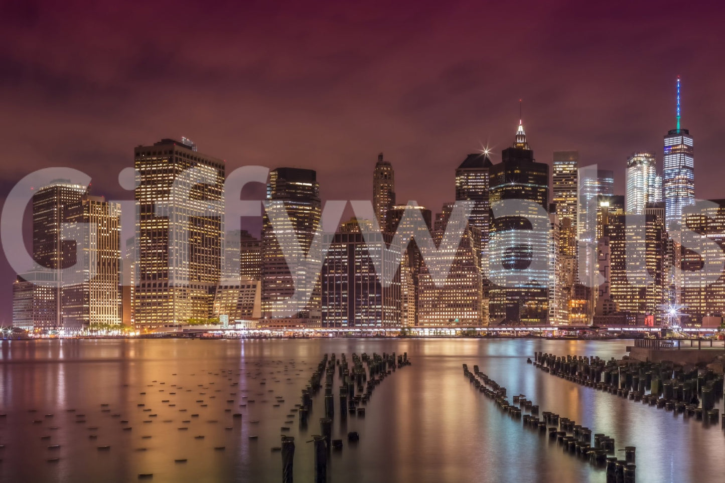 Iconic NYC skyline lit up at night wall mural art.