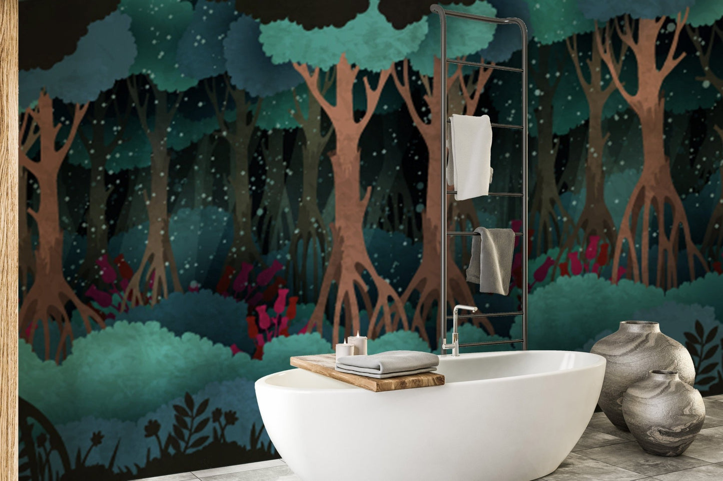 Watercolor forest mural with lush greens
A987