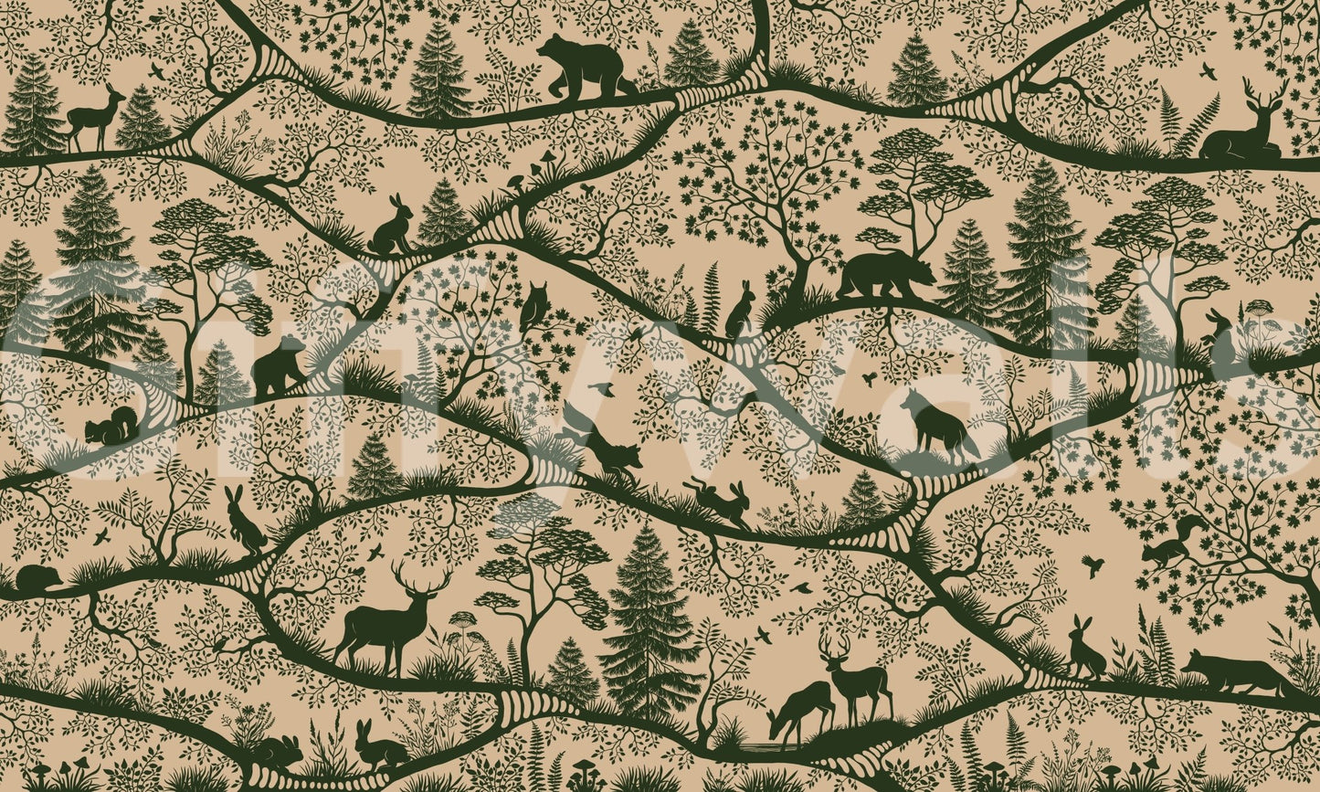 Nordic Nature Beige Green Wall Mural with dense foliage detailing, GD9191