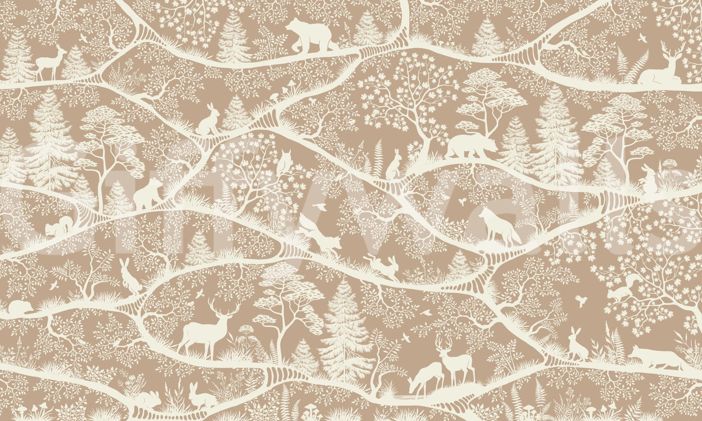 Nordic Nature Brown White Wall Mural with layered woodland design, GD9193