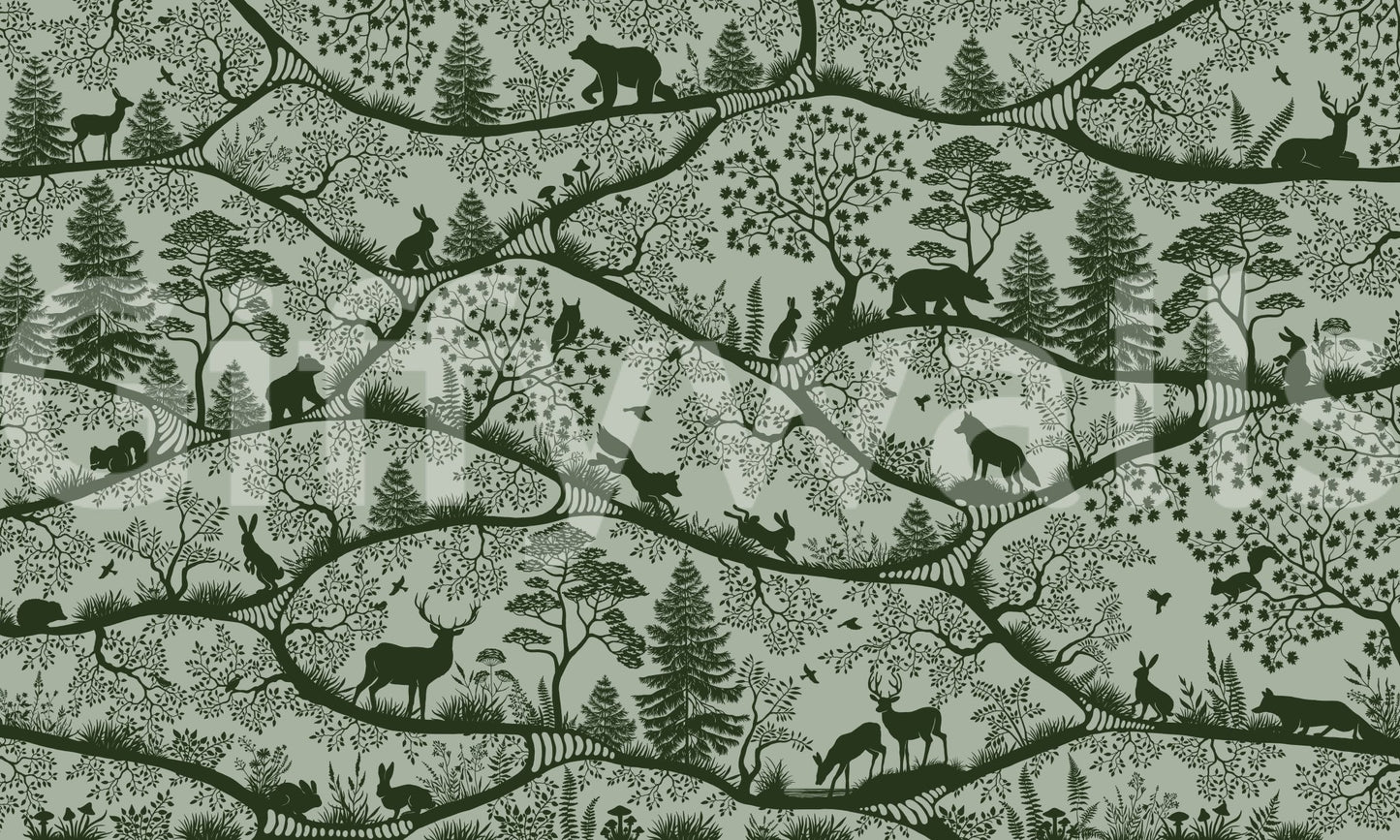 Nordic Nature Green Wall Mural with dense forest detailing, GD9188