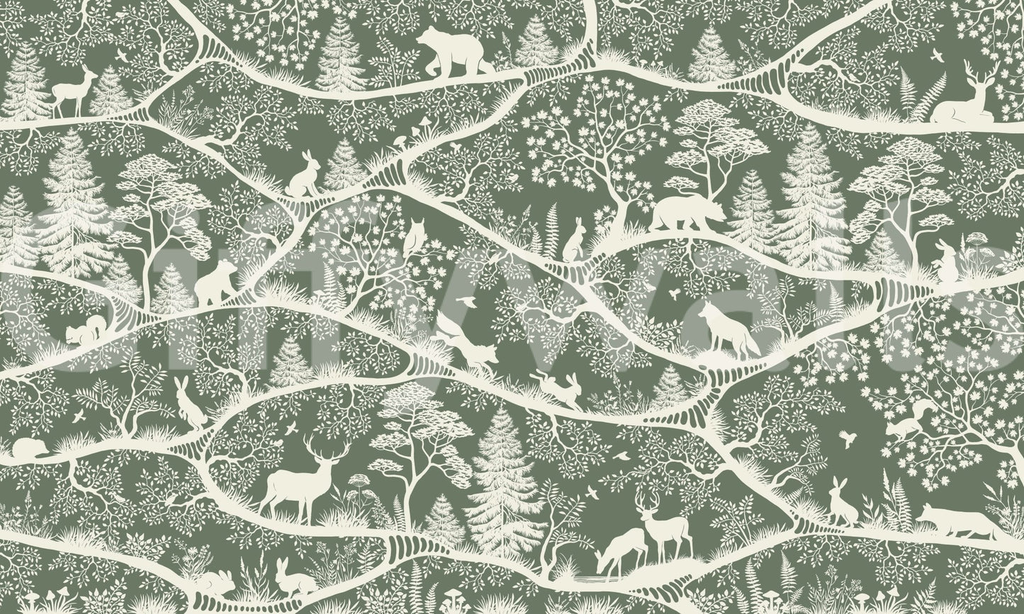 Calm woodland scene in Nordic Nature Green White Wall Mural, GD9194