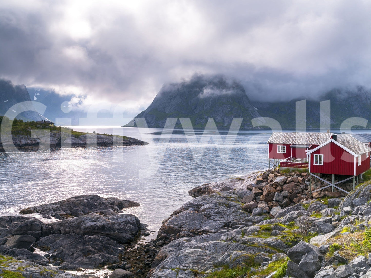 Norwegian Fjord peel and stick wallpaper showing unique architecture.