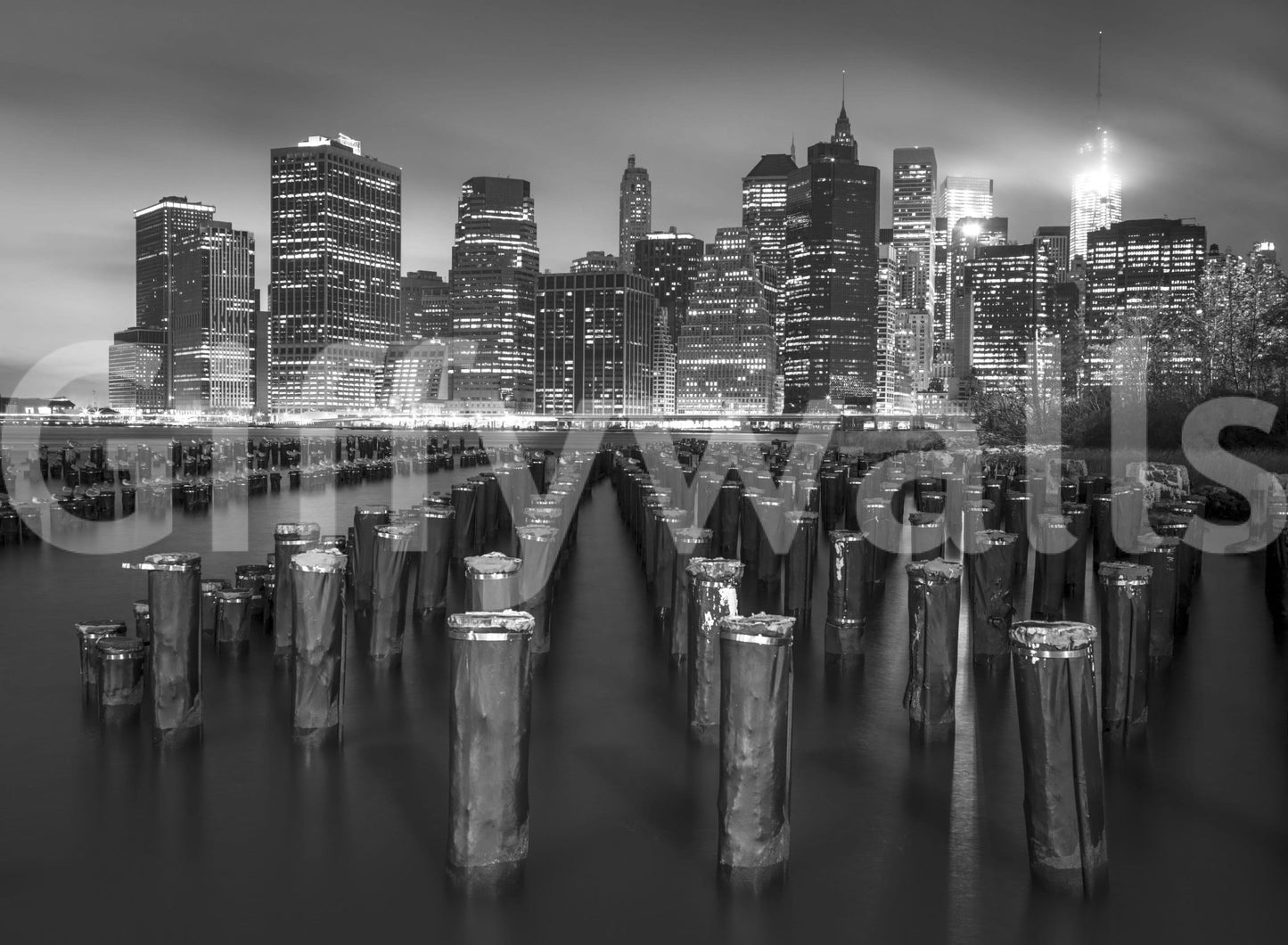Monochromatic NYC Waterfront view wallpaper, sophisticated industrial mural.