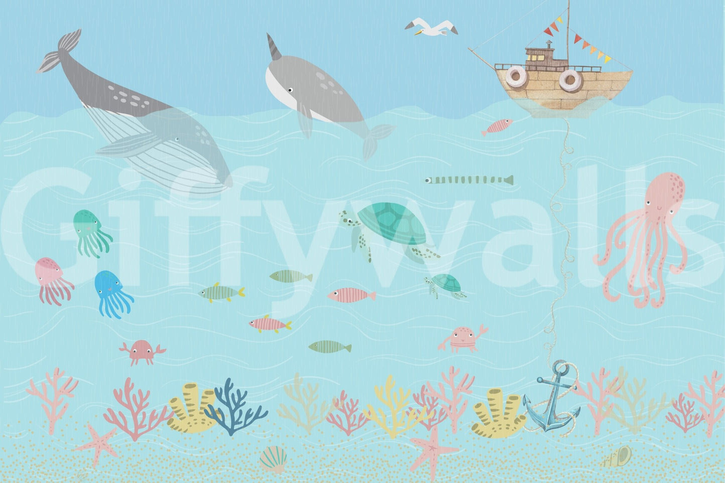 Ocean Friends' Playtime Wall Mural in a contemporary flat with aquatic themes wallpaper.