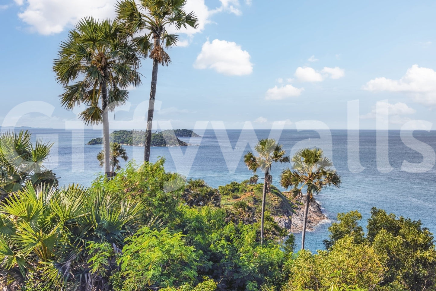 Oceanic Escape Wall Mural with tropical palms above a calm blue island shoreline, GD7947
