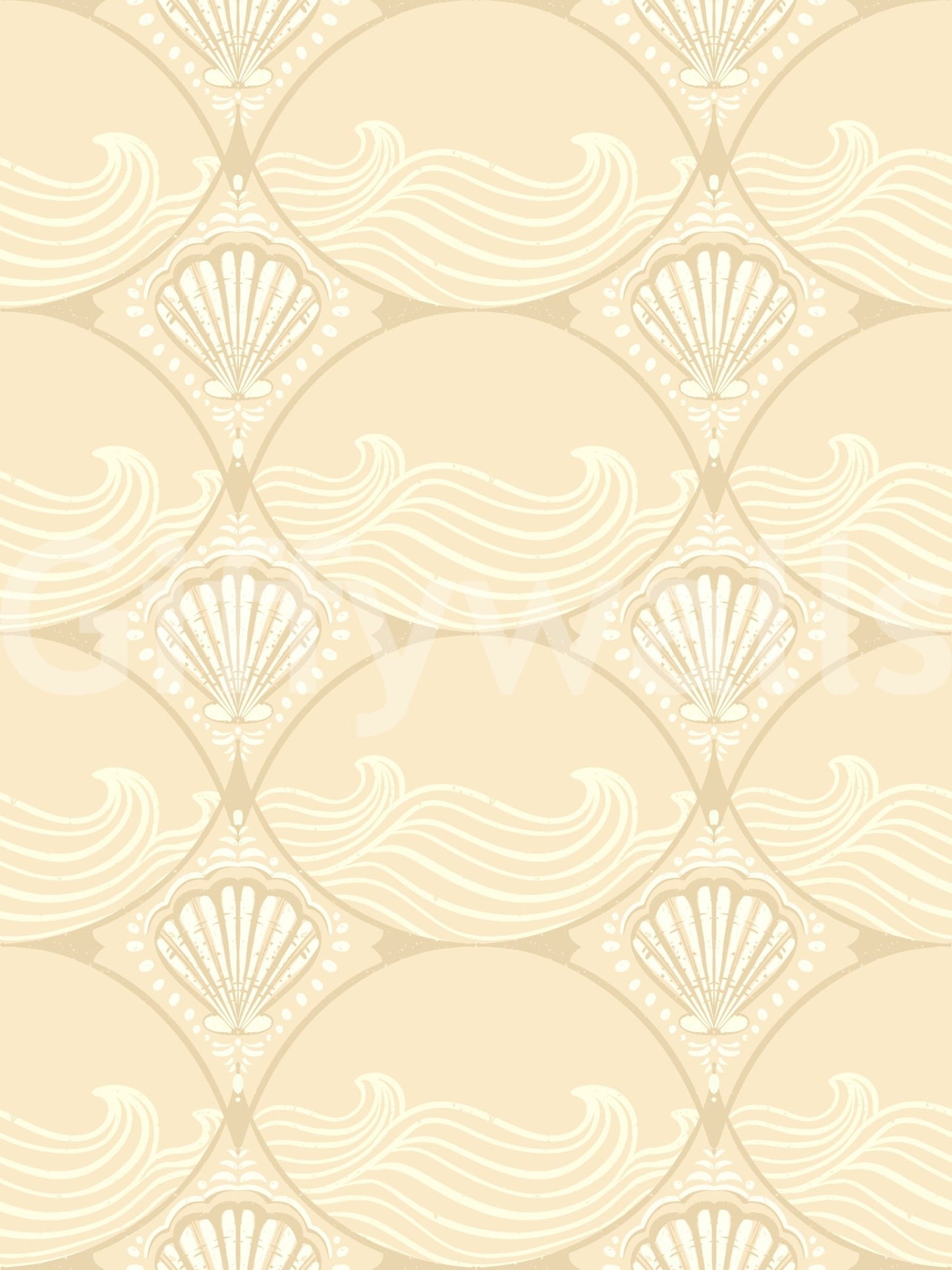 Warm ivory ground layered with shell ogees in this Wave Revival wallpaper swatch