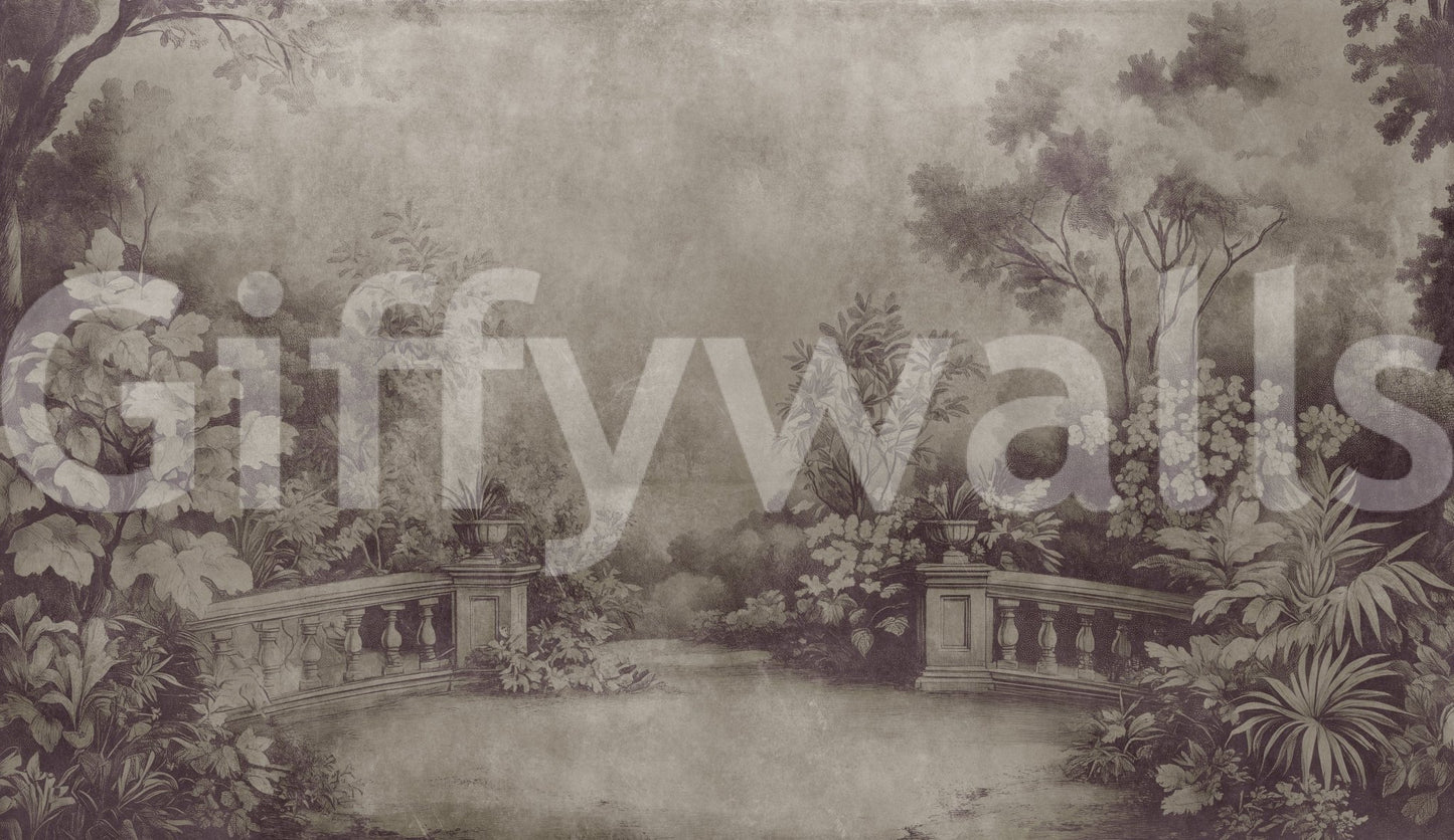 Vintage garden wallpaper featuring classical architecture and dense plants.