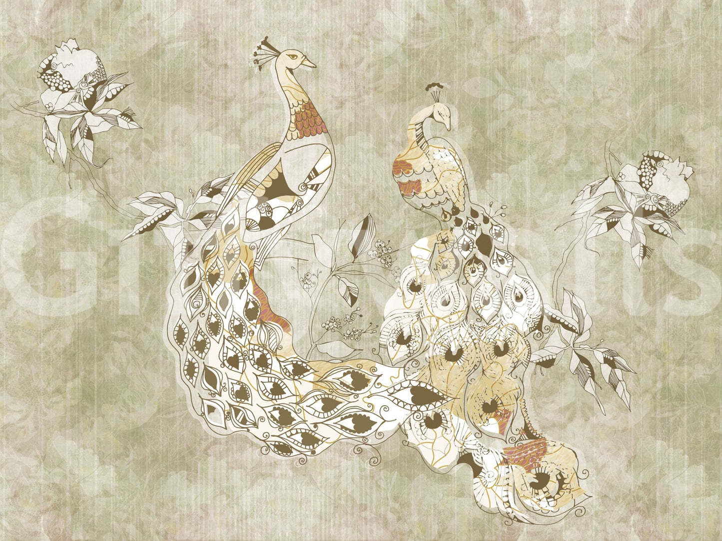 Antique-inspired wall mural with Ornate Vintage Bird and light scenic depth, GD9281