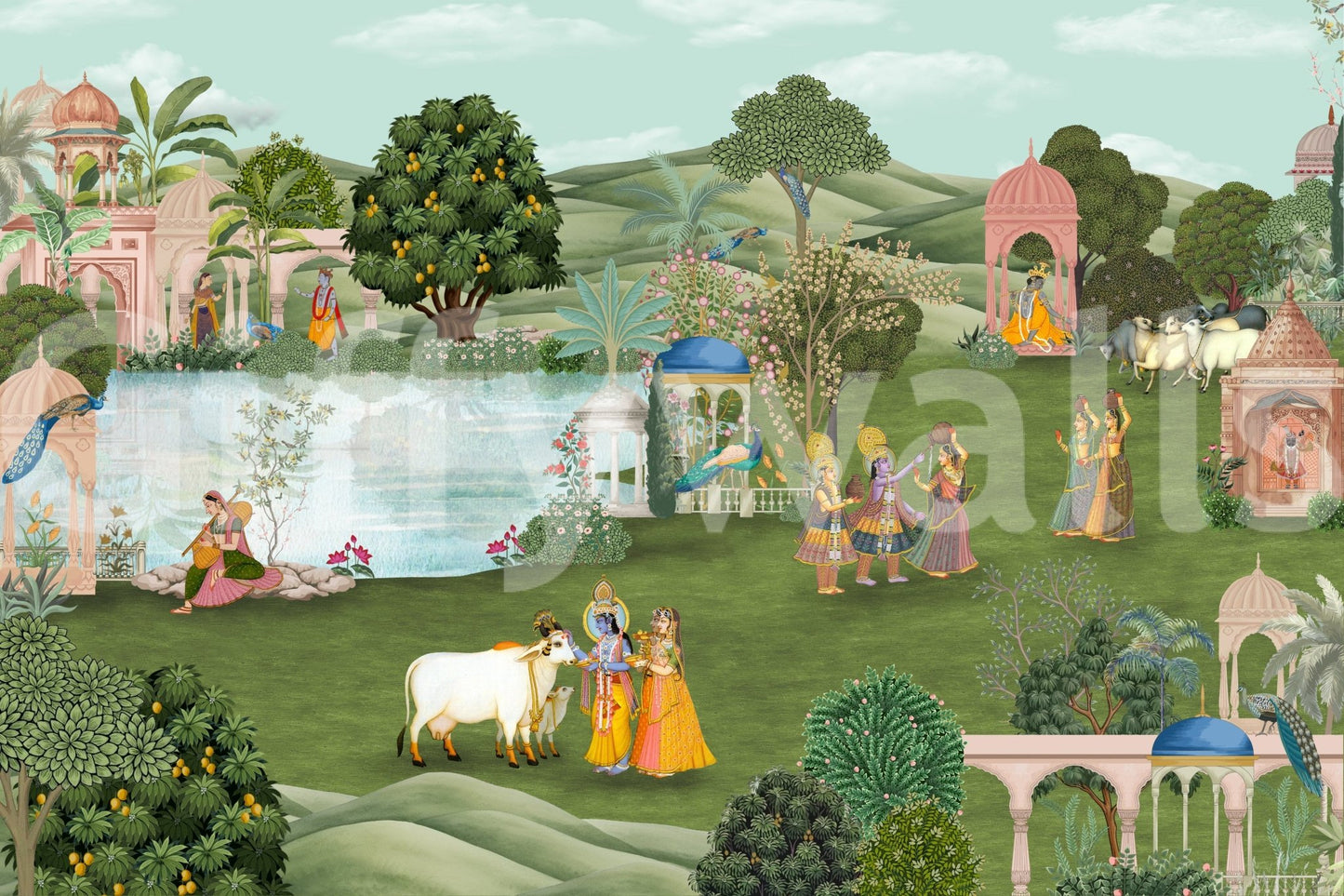 Traditional Indian peacock mural with fine linework and gentle shading