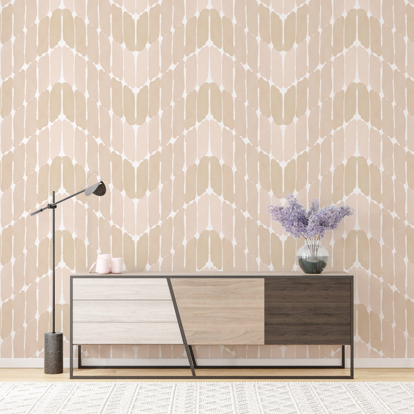 Minimalist paint stroke chevron grey mural for refined wall styling.