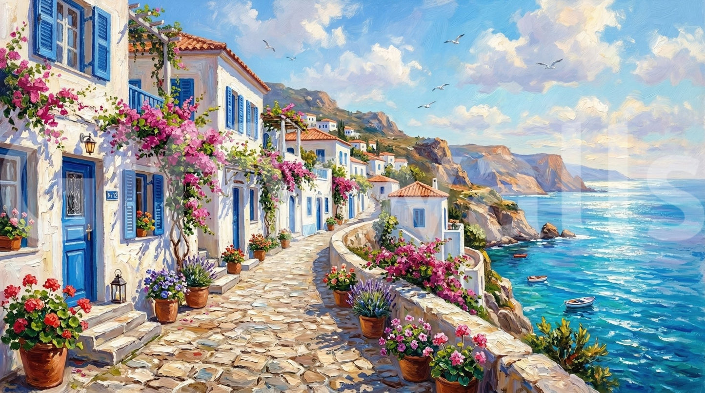 Painterly Greek Isle Escape Wall Mural