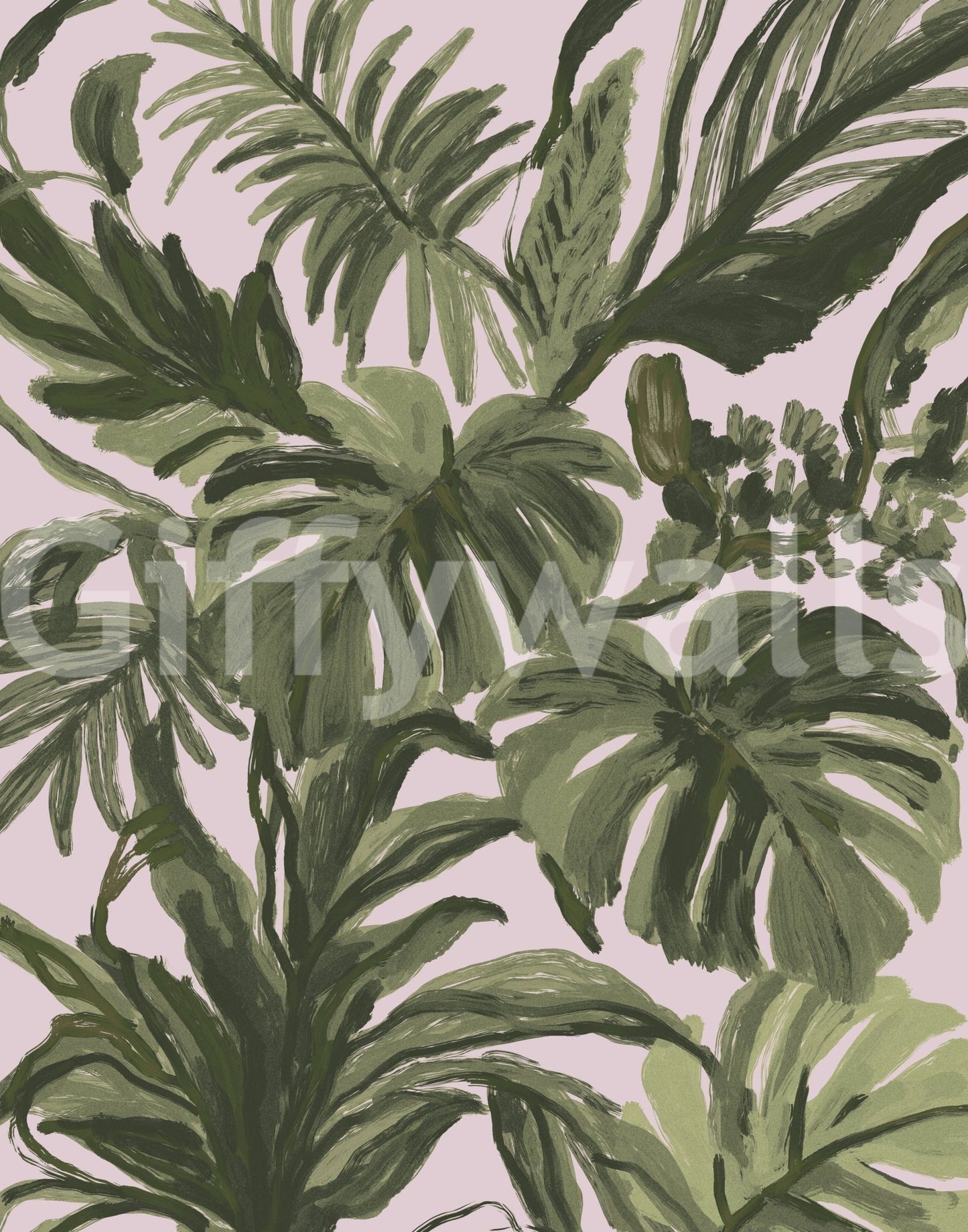 Painted palm foliage mural with calm blush tones and leafy overlap