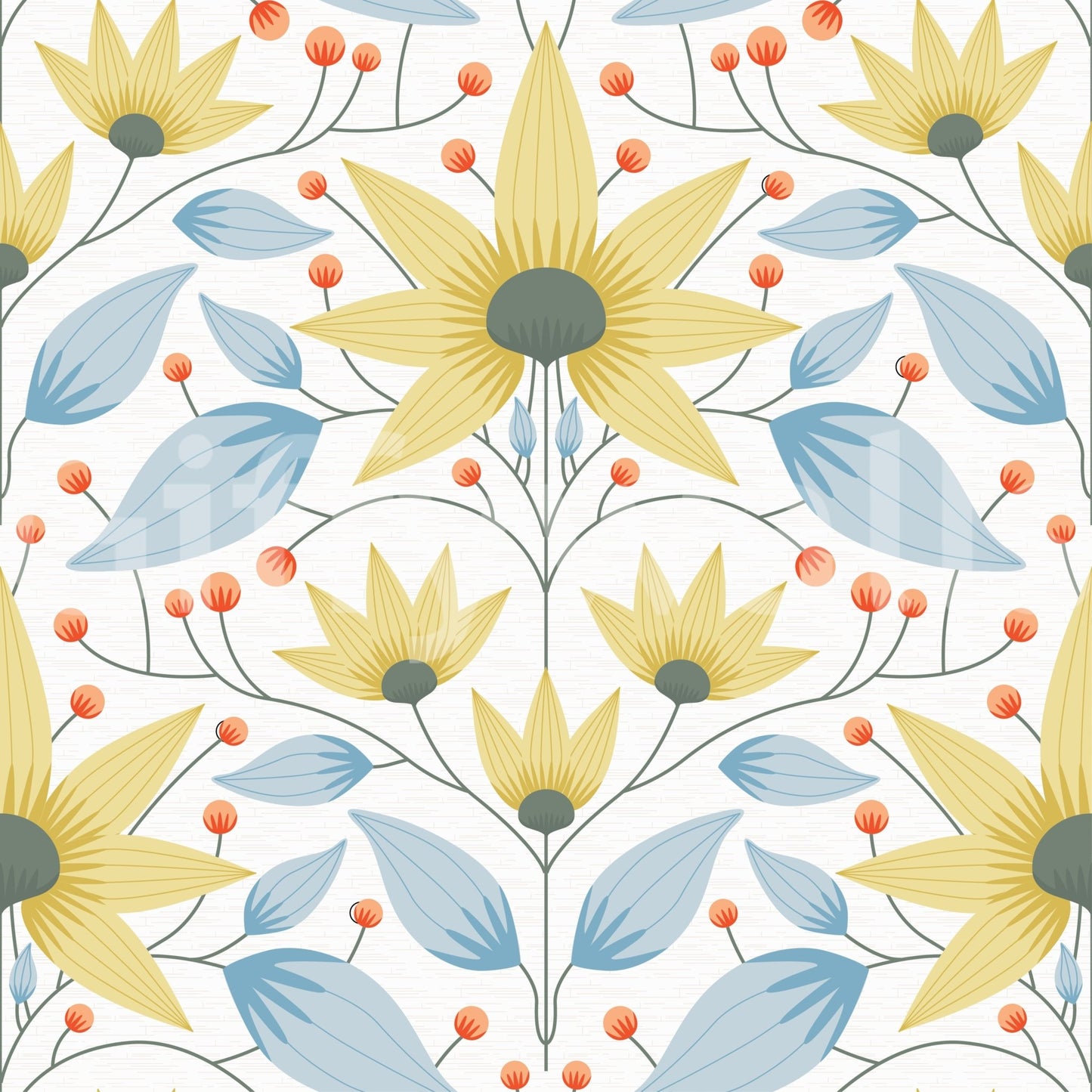 Graphic botanical wall mural with muted tones for dining room areas