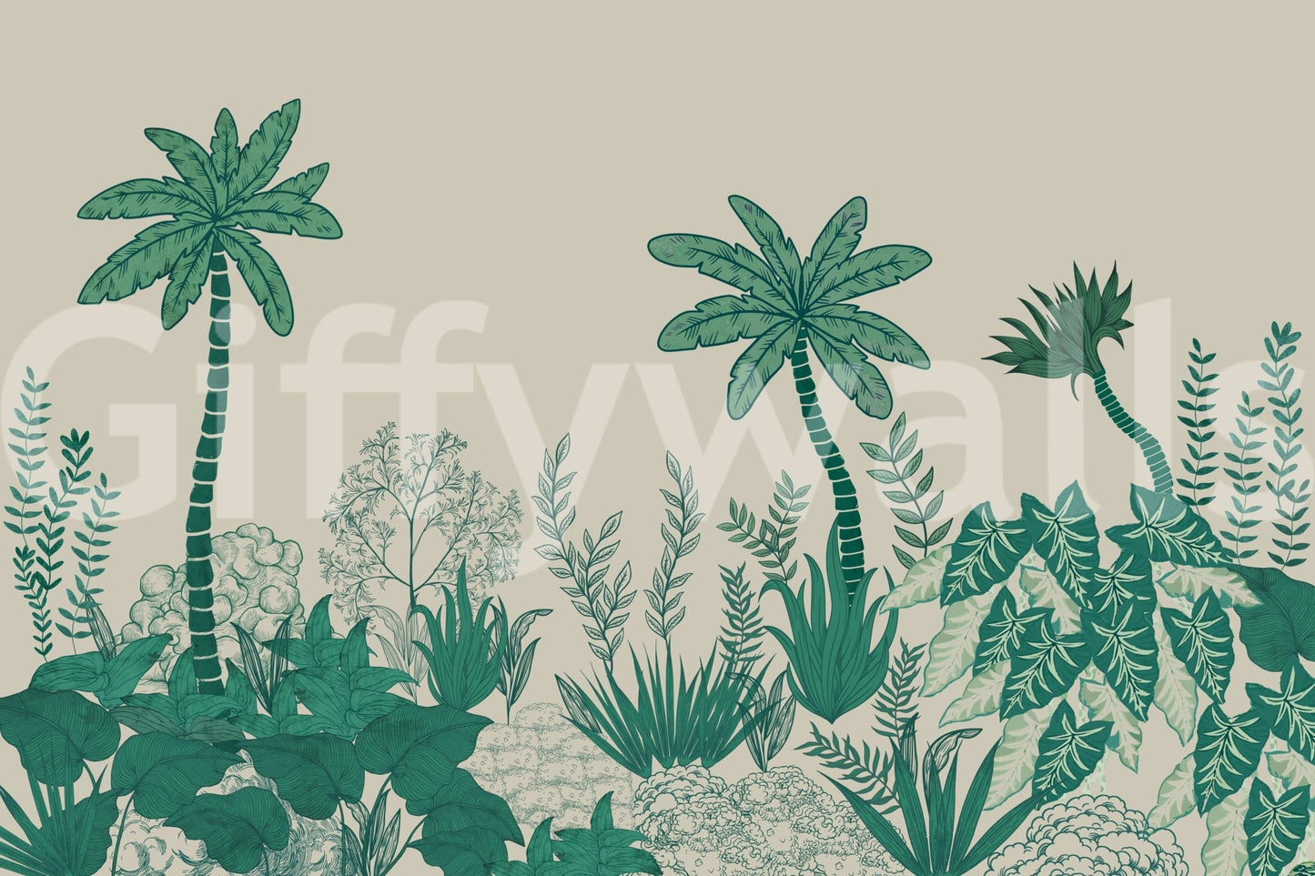 Deep emerald Palm Grove Dreams wall mural for a moody master suite.