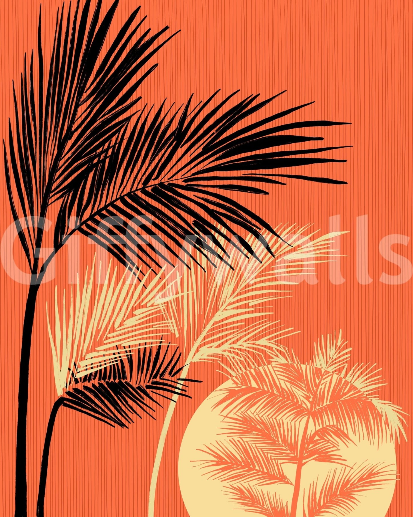 Palms at Sunset wall mural with black palm silhouettes over a warm orange sunset sky
