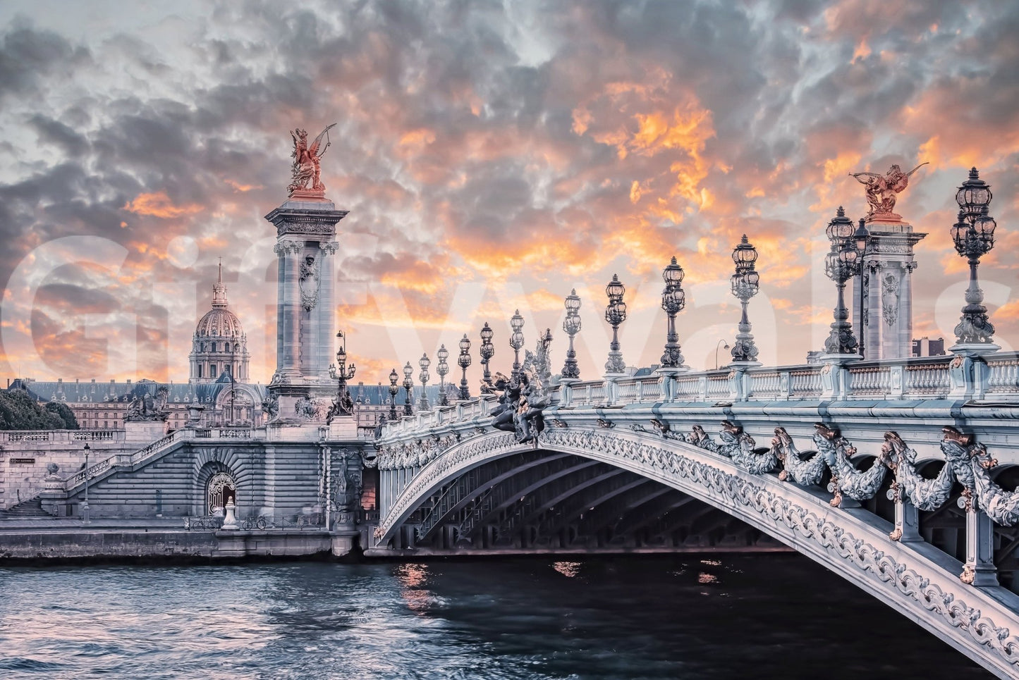 Parisian Bridge Sunset wall mural with glowing sky and detailed historic bridge
