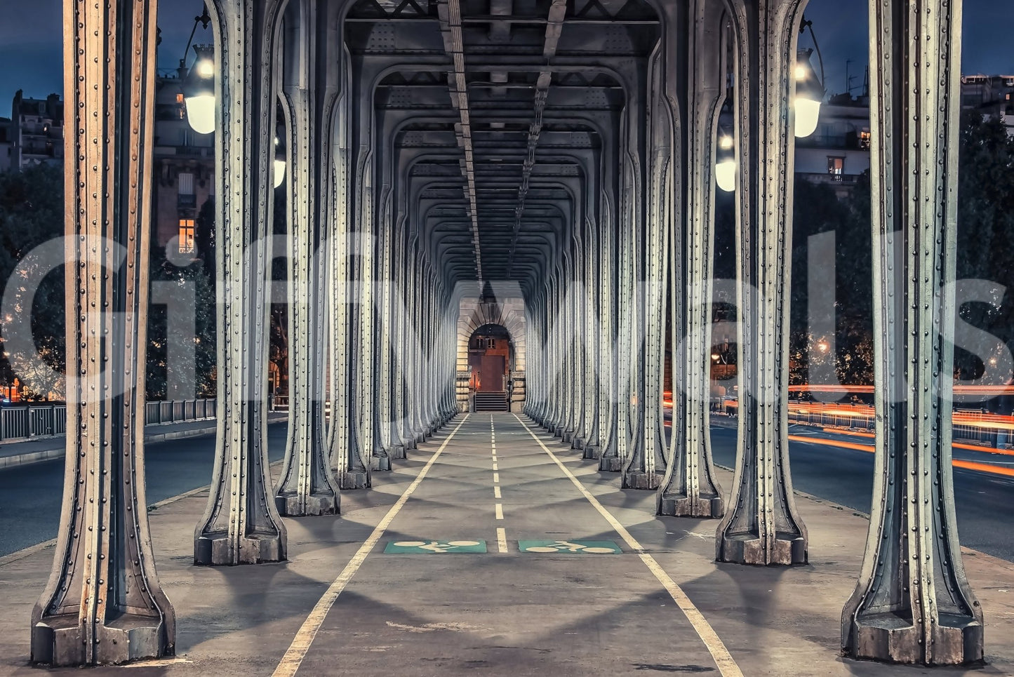 Paris at twilight mural with motion blur lights.