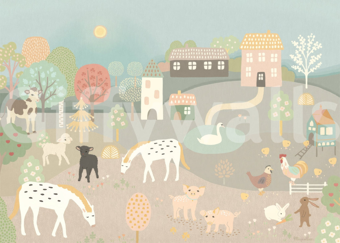 Whimsical Pastel Farm Story Wall Mural showing horses, lambs, pigs, and hens softly, GD8909