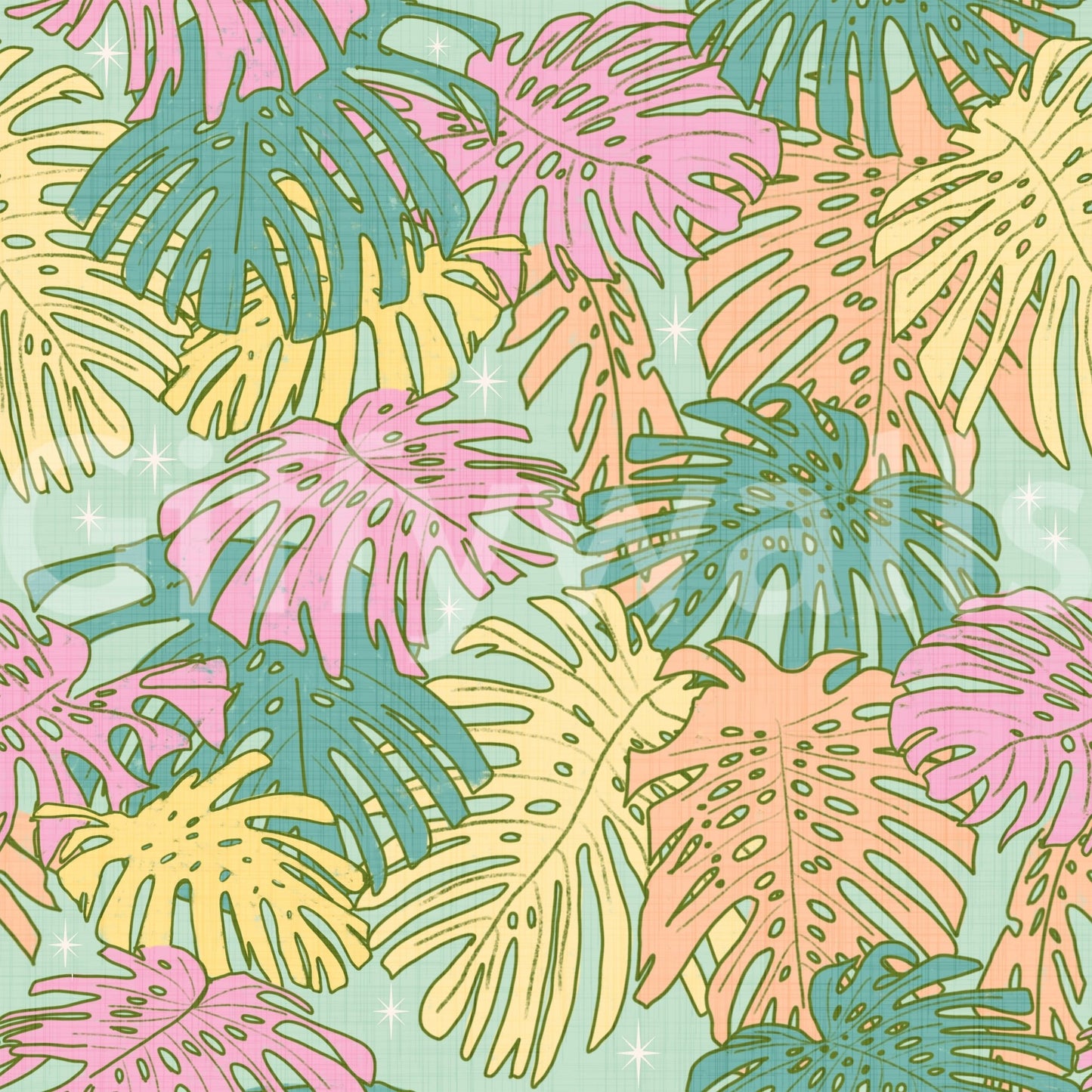 Monstera Leaves in Soft Pastel Aqua Retro Wallpaper