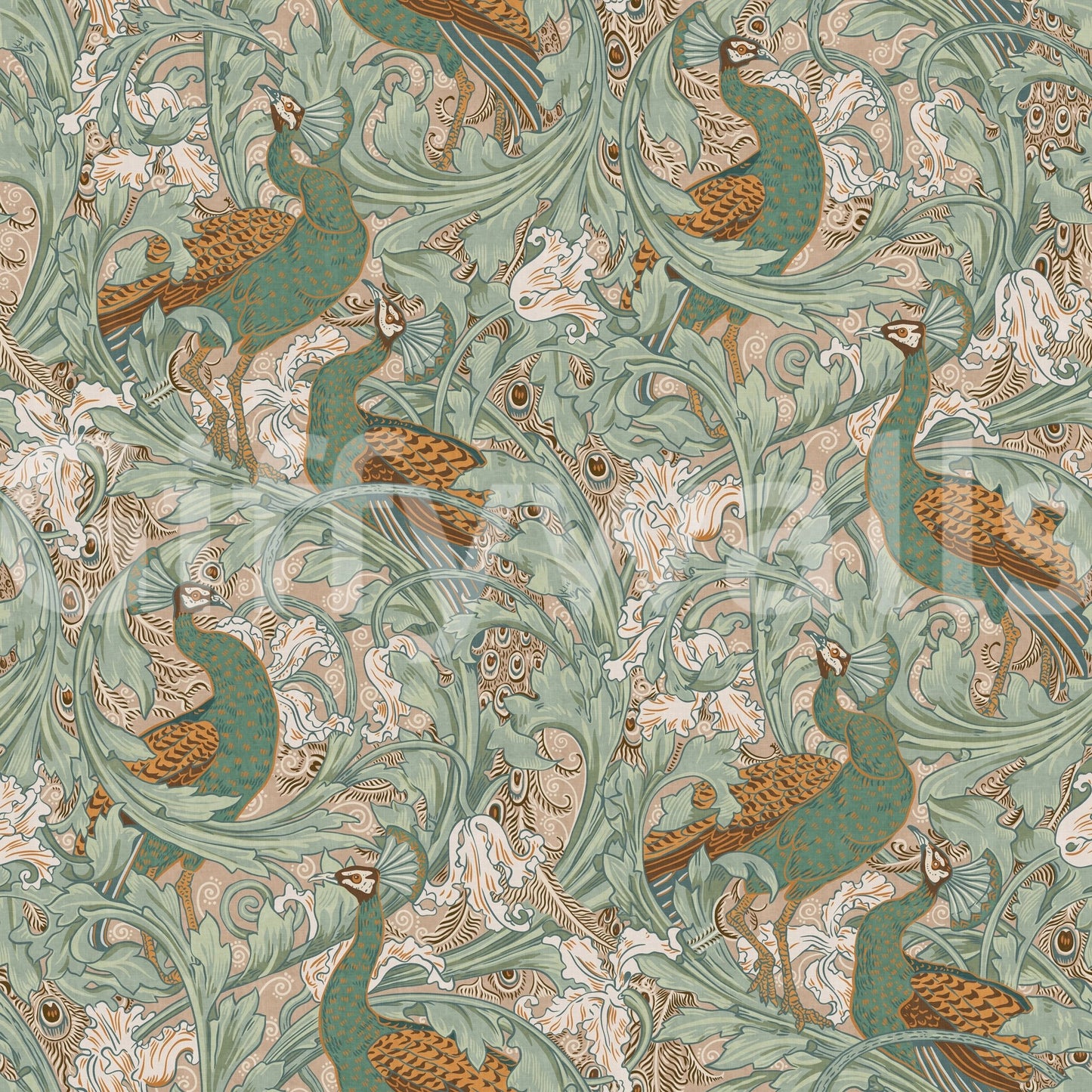 Peacock Garden by Walter Crane in green beige mustard Wallpaper