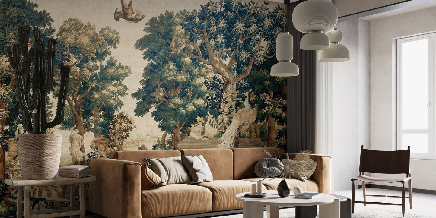 Timeless peacock mural wallpaper with lush greenery