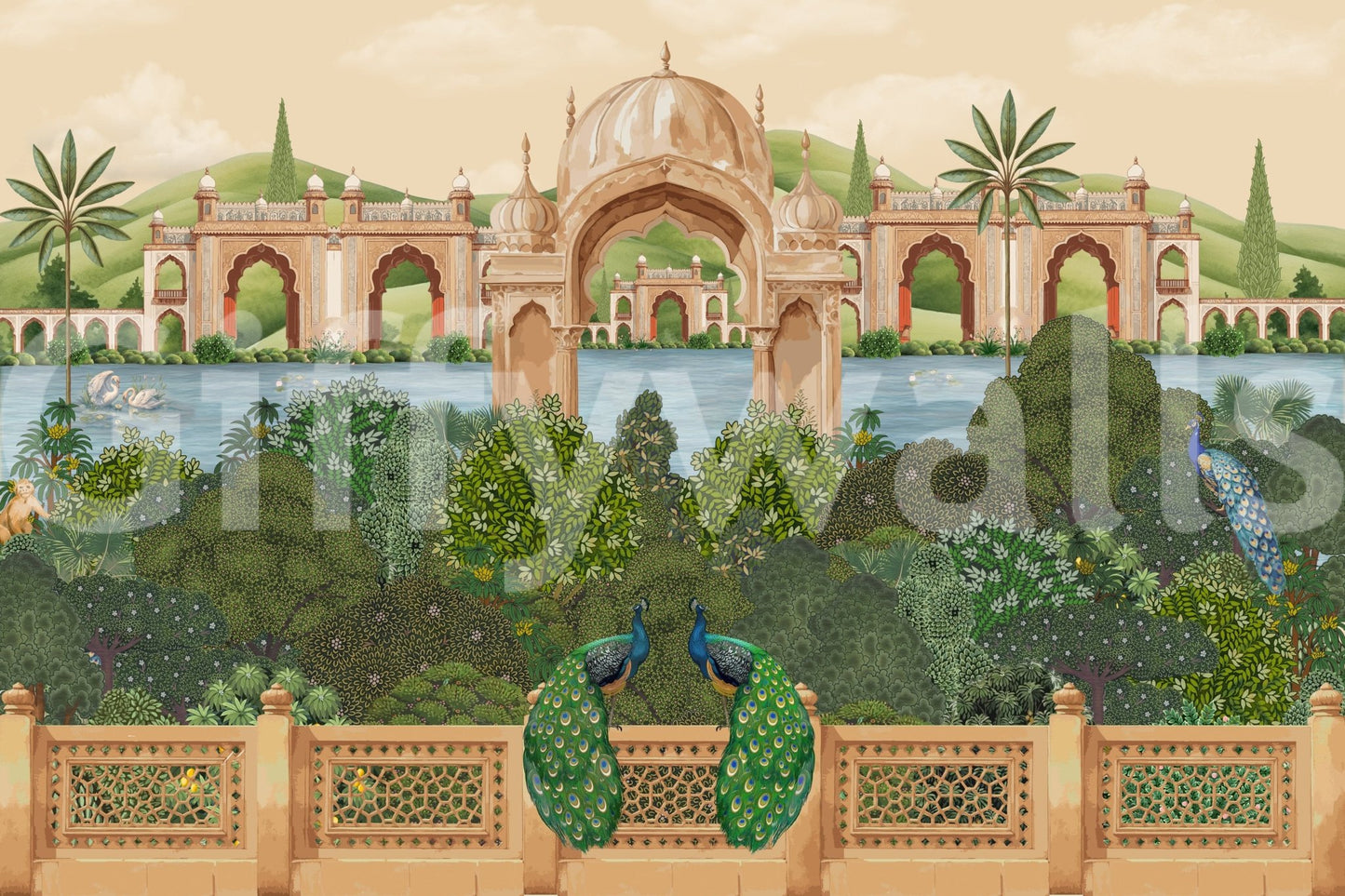 Decorative peacock mural print with rich colors and fine linework