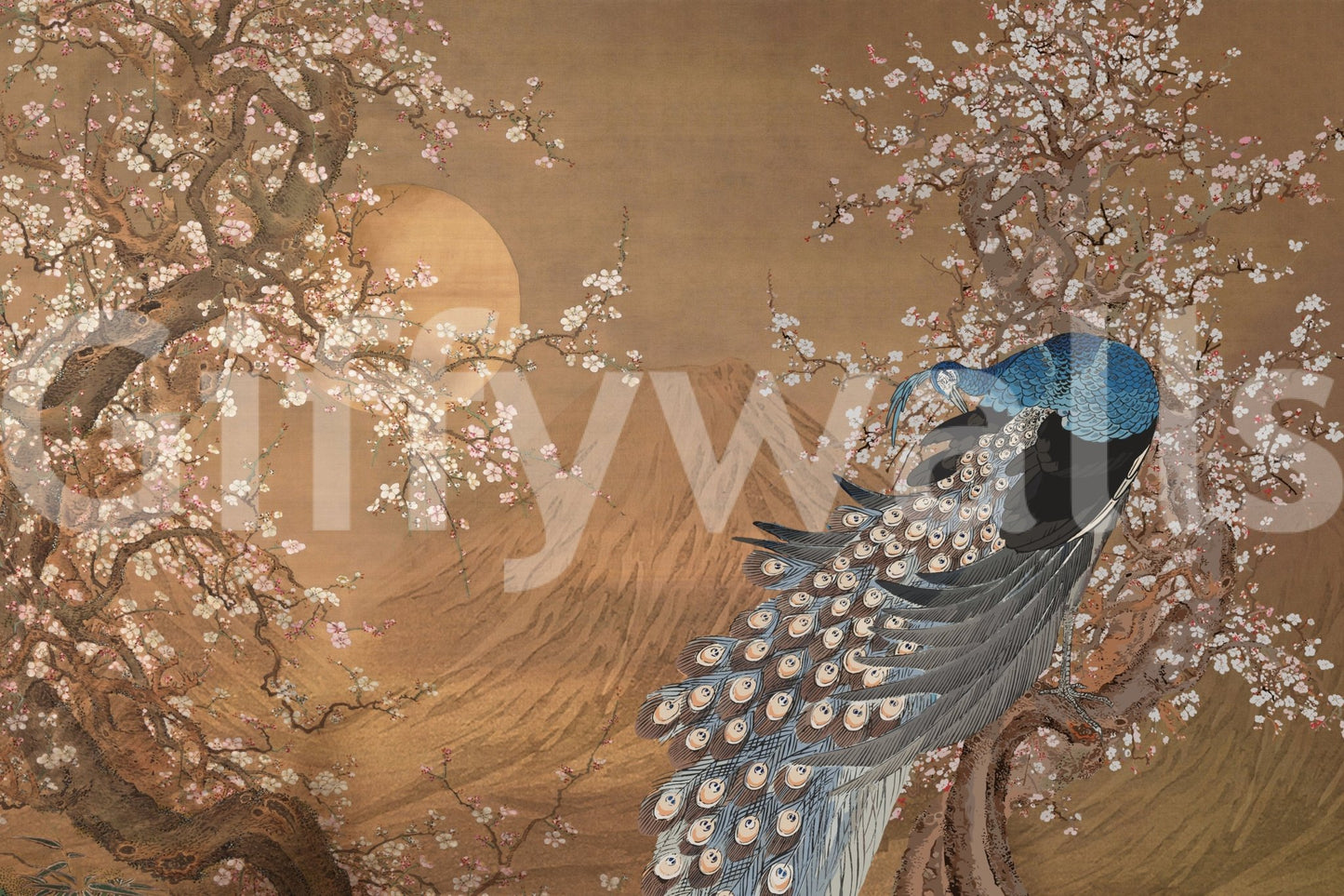 Peacock's Paradise Wall Mural in a contemporary apartment with plants wallpaper.