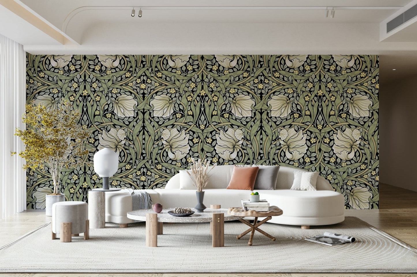 Floral Pimpernel wallpaper by William Morris in neutral tones.