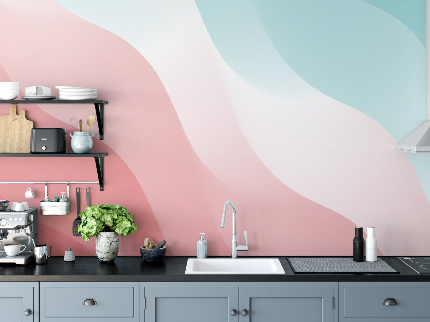 Kitchen elegance with Pink & Blue Wavy Shades Wallpaper A578