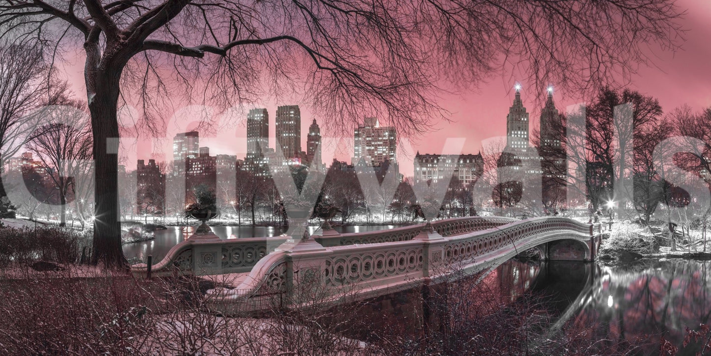 Tranquil pink sky over Central Park at sunset mural.