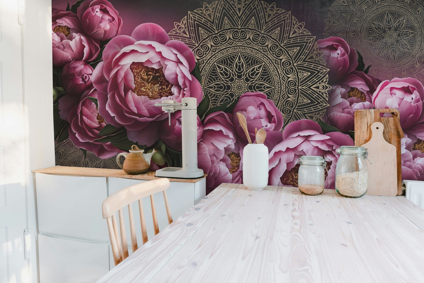 Intricate mandala and pink flower design wallpaper