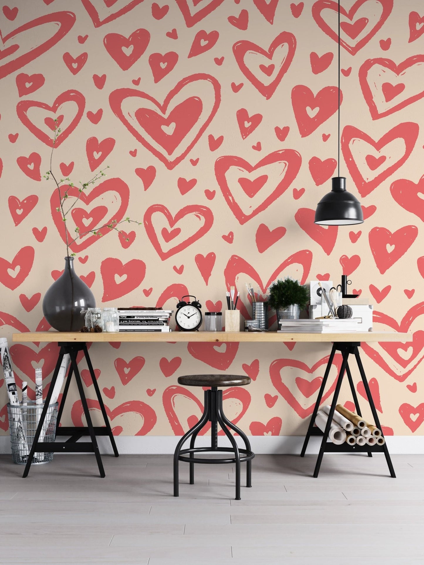 Elegant pink hearts mural for a dreamy and cozy atmosphere.