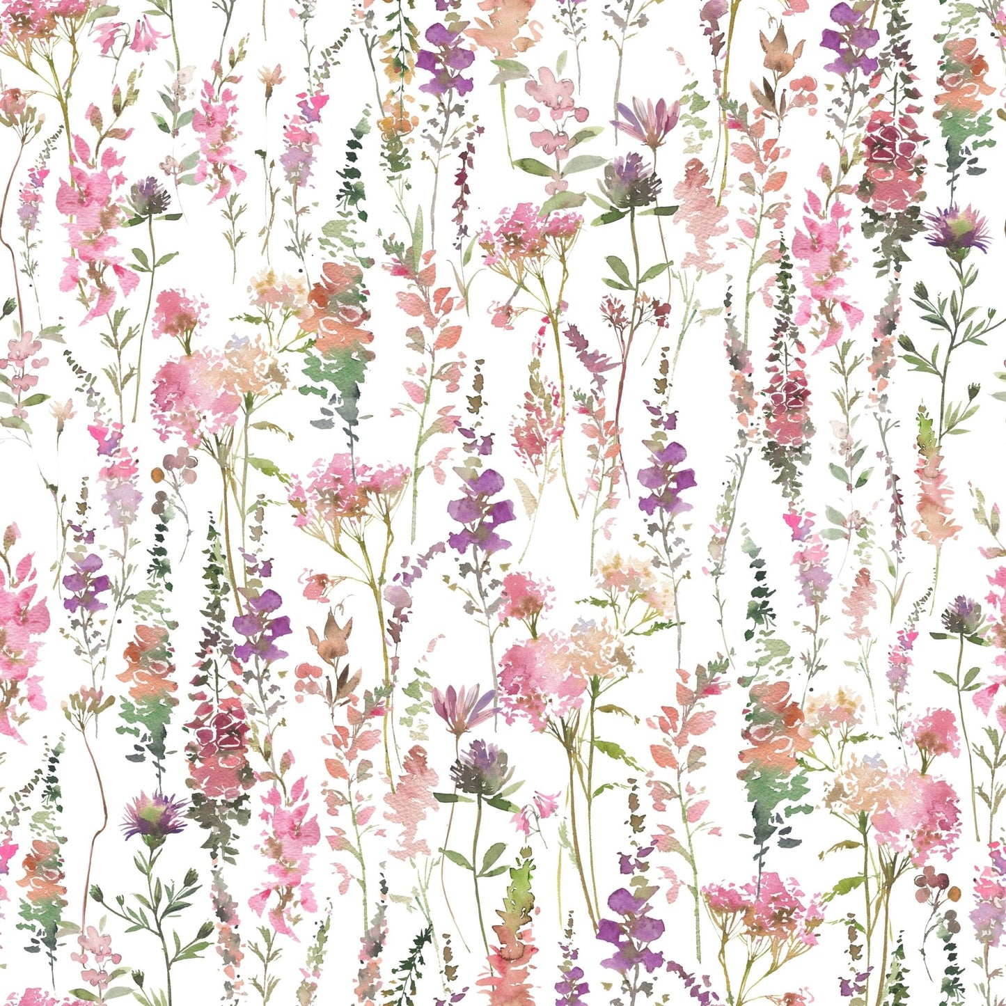 Charming Pink Watercolor Meadow wall mural for bedroom interiors.