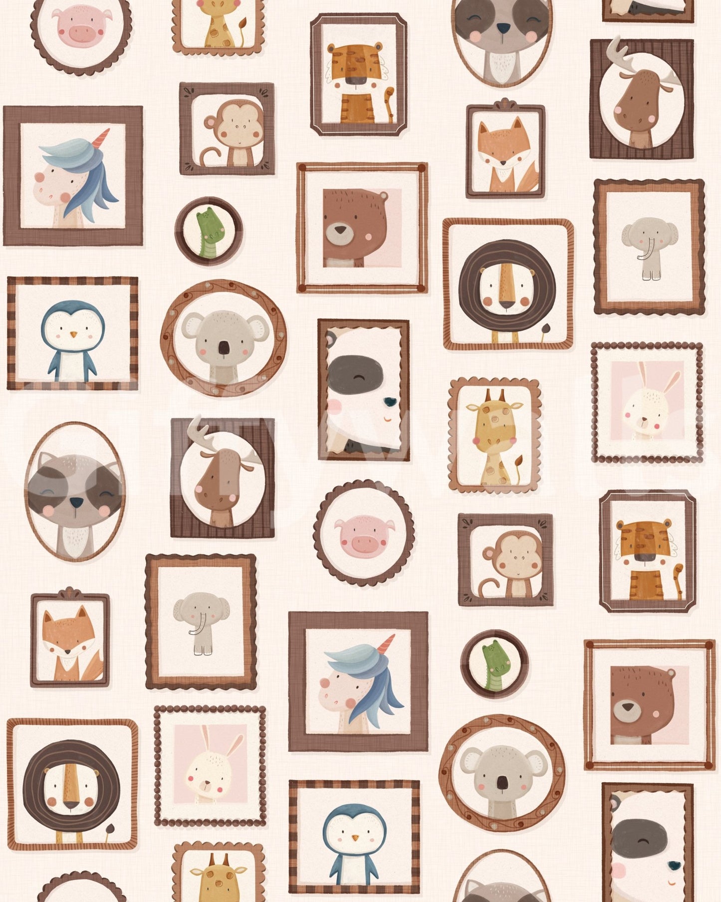 Cute illustrated frames across Playful Animal Portraits Wallpaper on neutral base