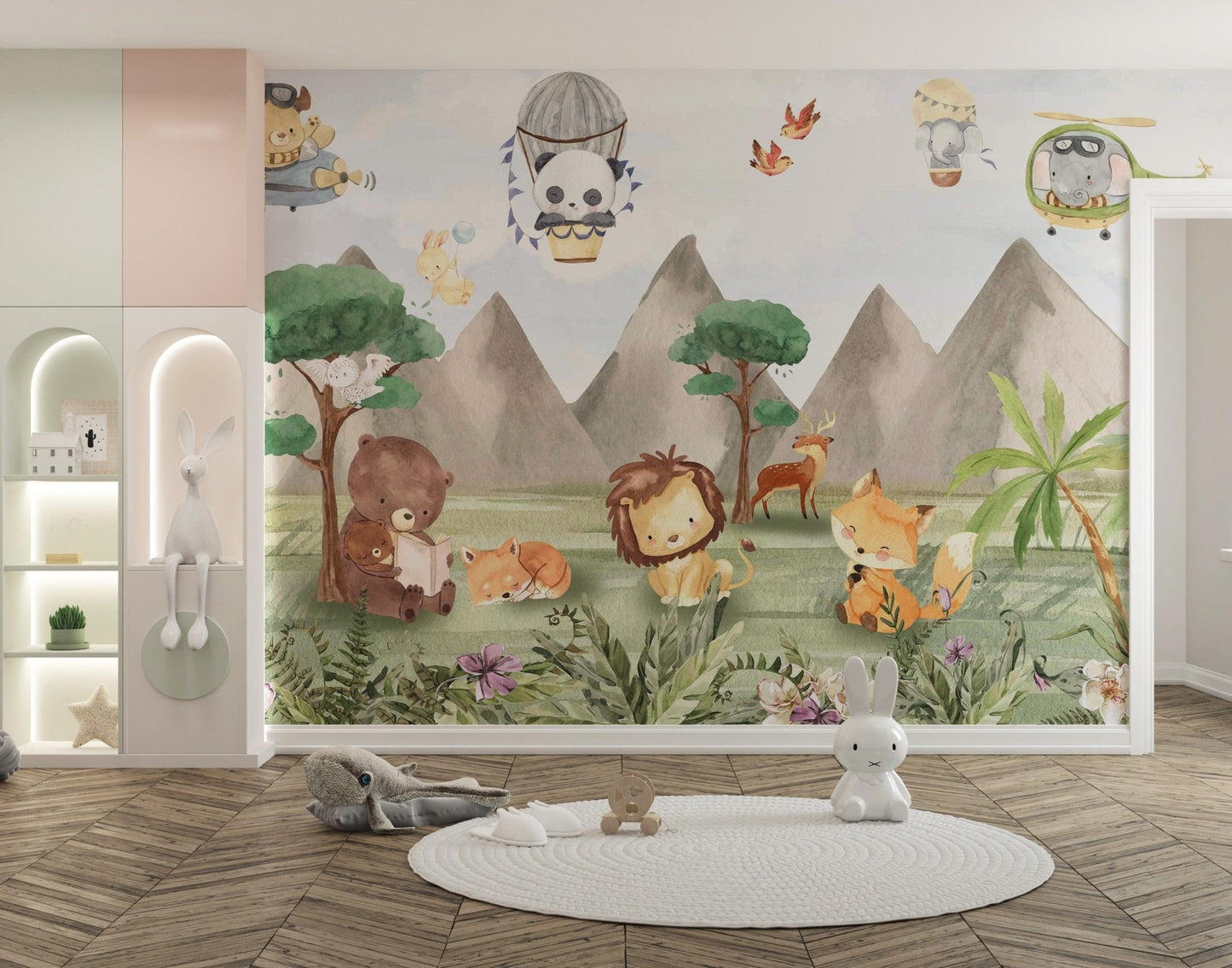Mountain-view wallpaper with cute animals, C109