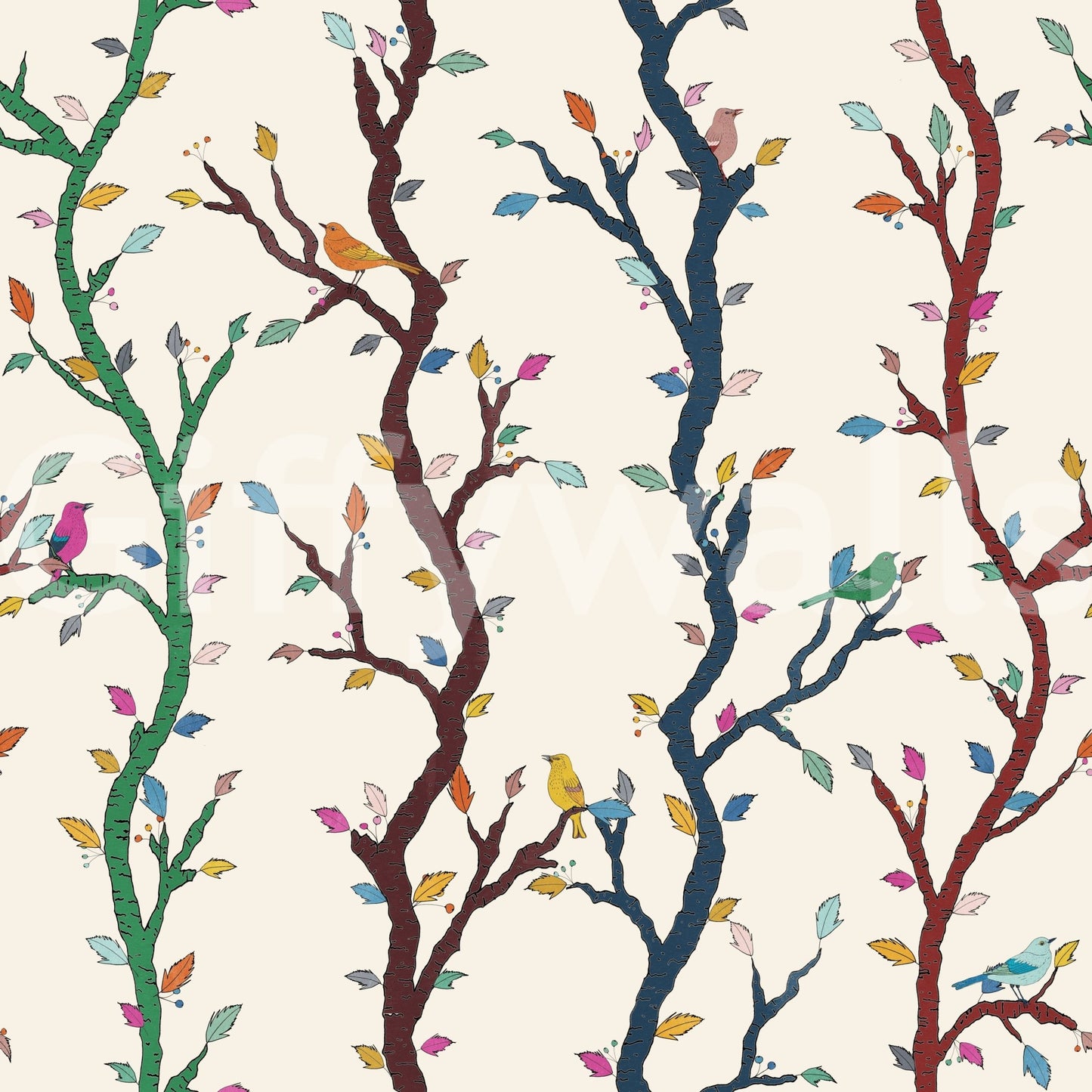 Multicolored leaves dotting the slim trunks of Playful Woodland wallpaper.
GD9466