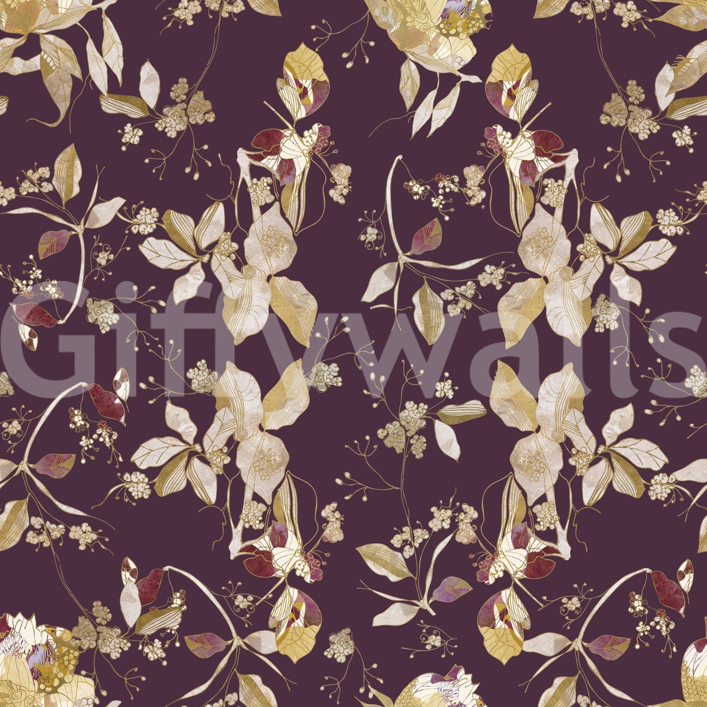 Fine trailing stems run through Plum Botanical Blossom Wallpaper evenly