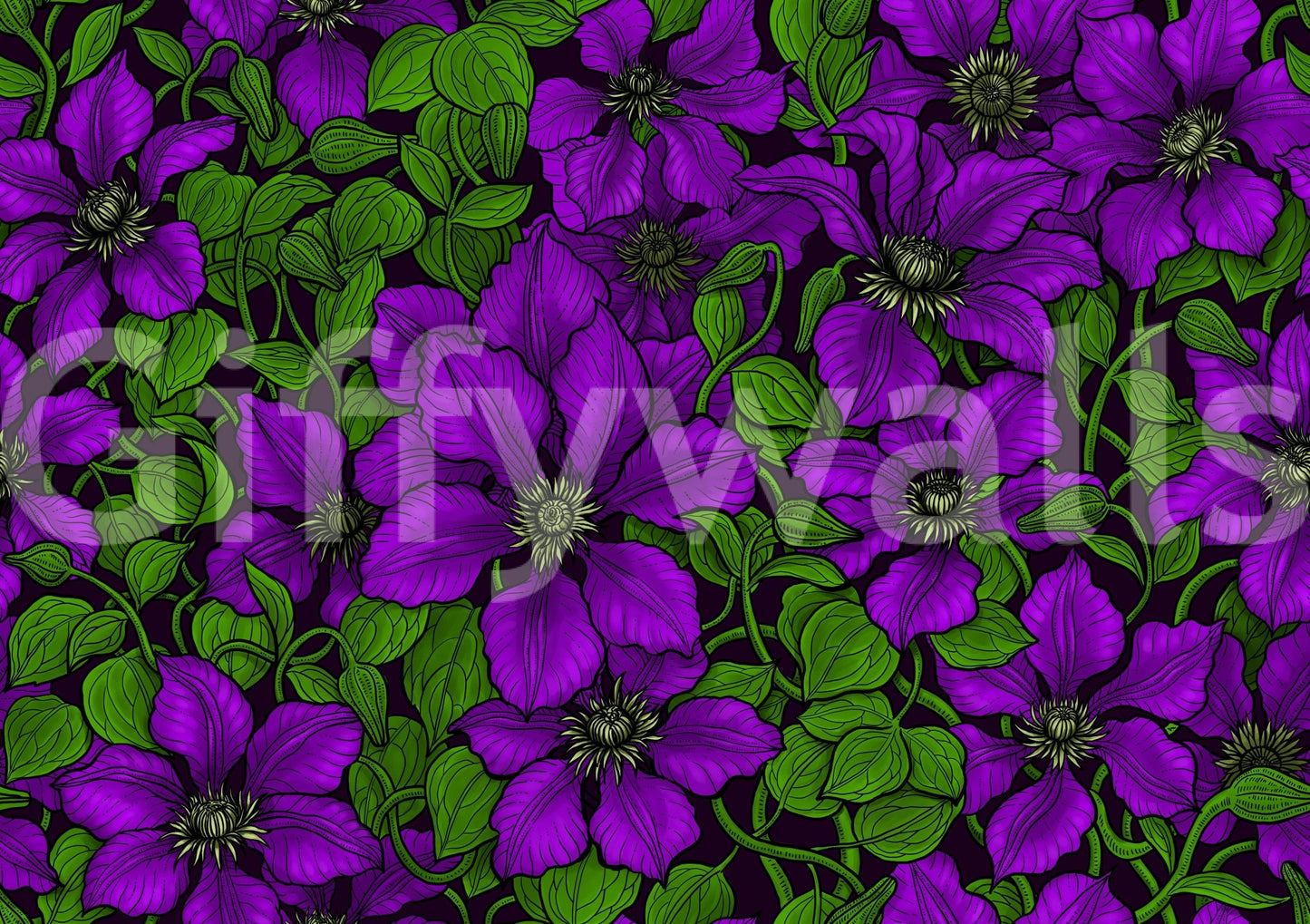 Heavy violets meet rich greens against a near-black ground on the wallpaper
GD9571
