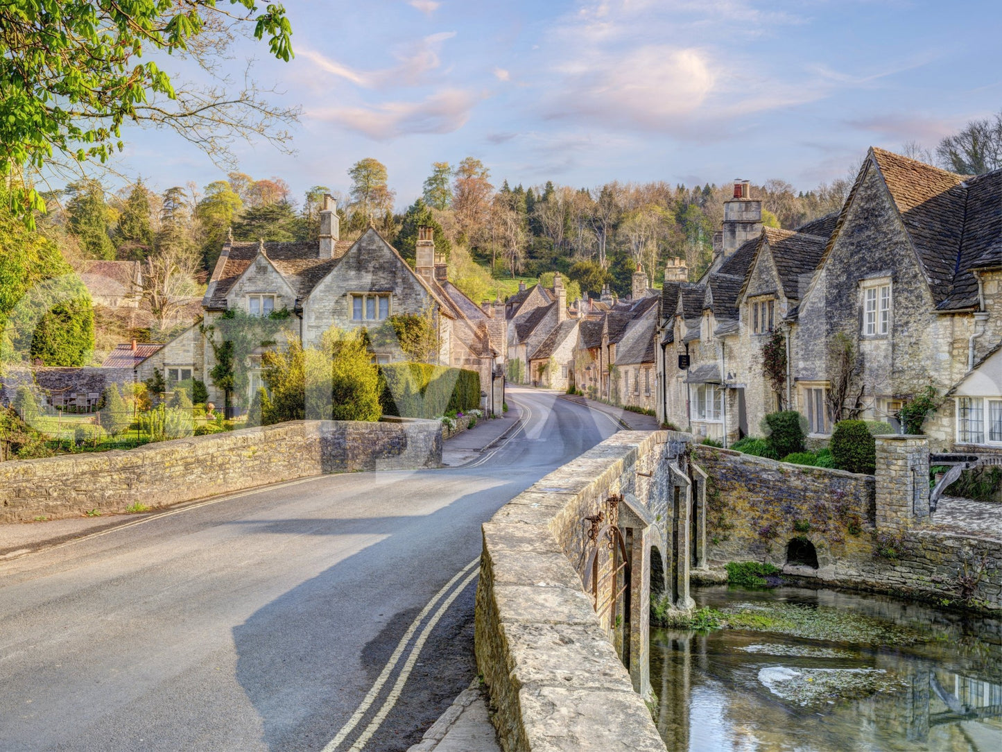 Old-world wallpaper featuring village and stream, GD2657