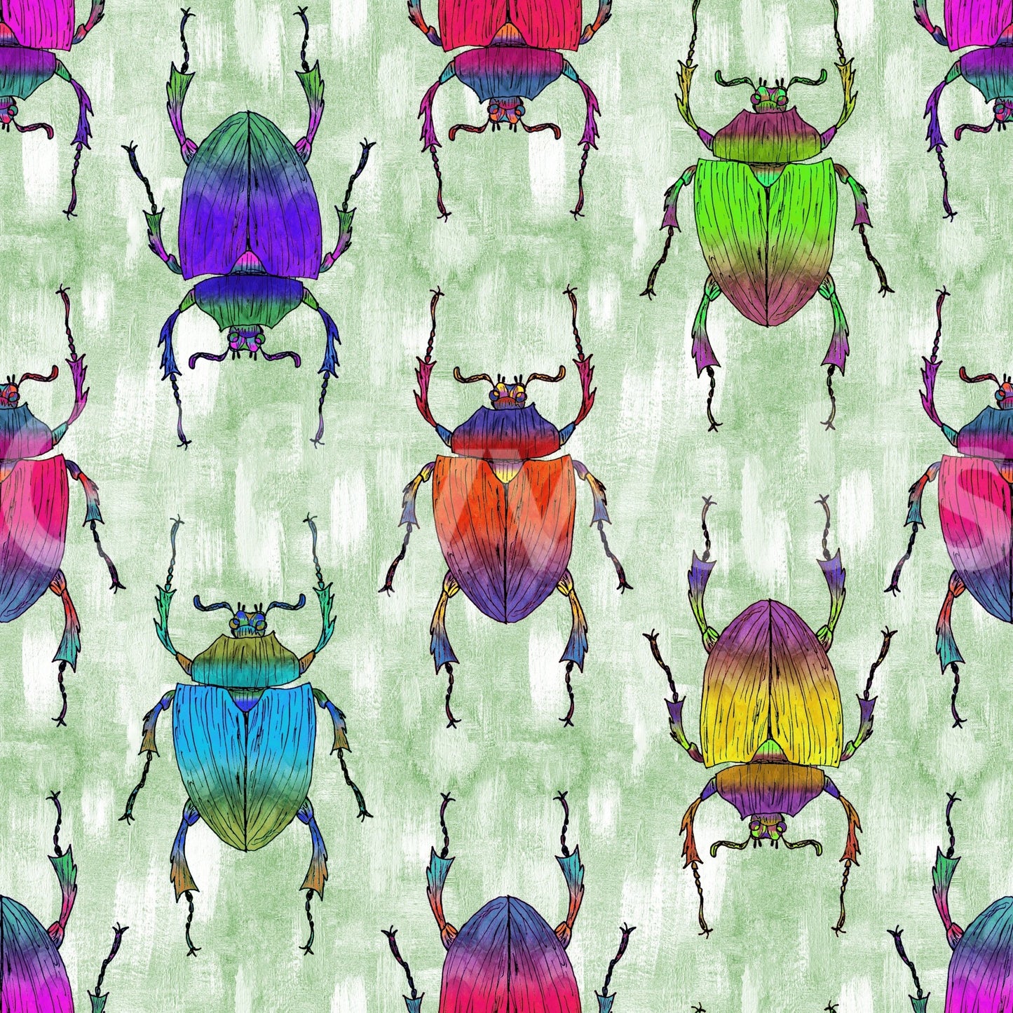 Decorative wallpaper with rainbow-toned bugs and leafy vibe.