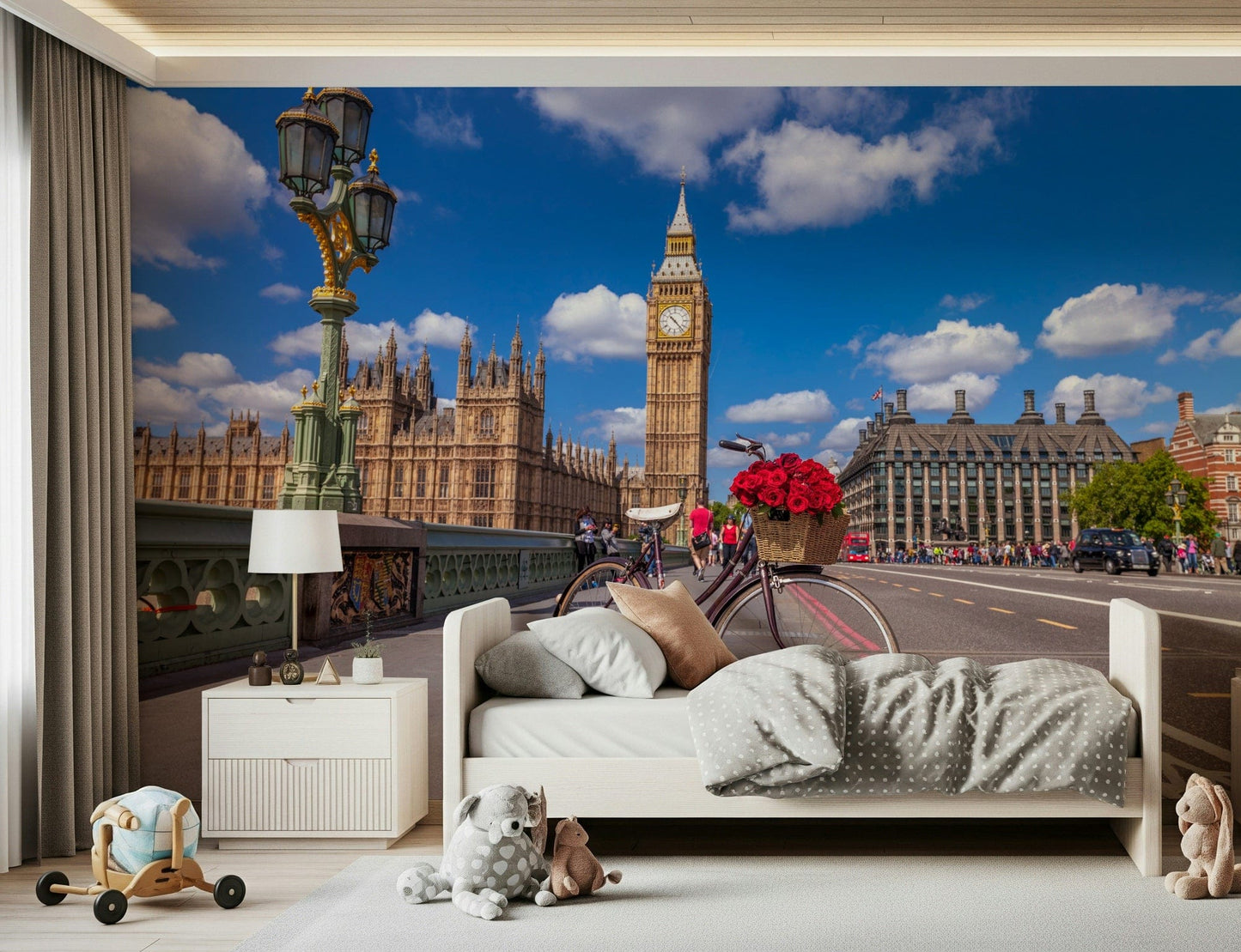 Red Blooms in London wallpaper featuring sunny Westminster Bridge