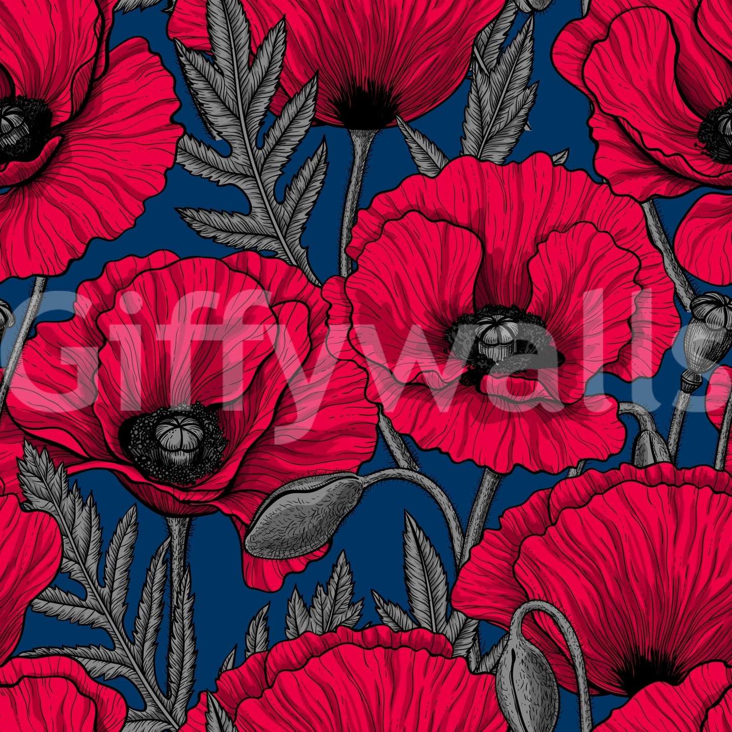 Dark blue wall adorned with red poppy wallpaper