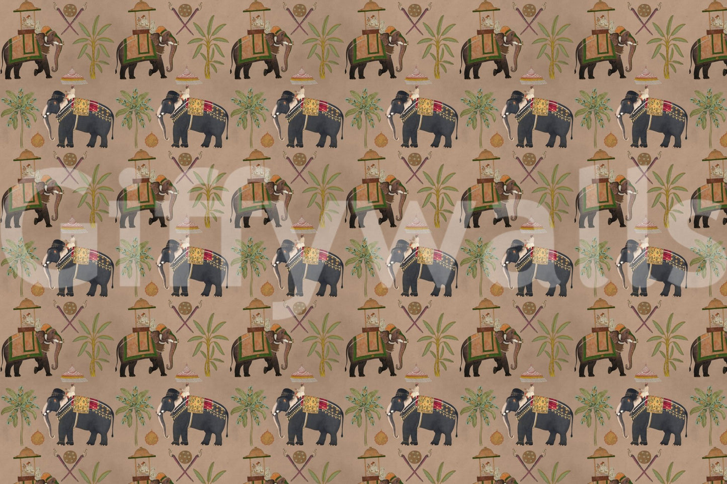 Regal mural with elephant figures and cultural pattern detail, GD8975